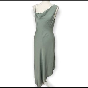 Lulu's Sage Green Satin One Shoulder Drape Neck Asymmetric Midi Dress Size M